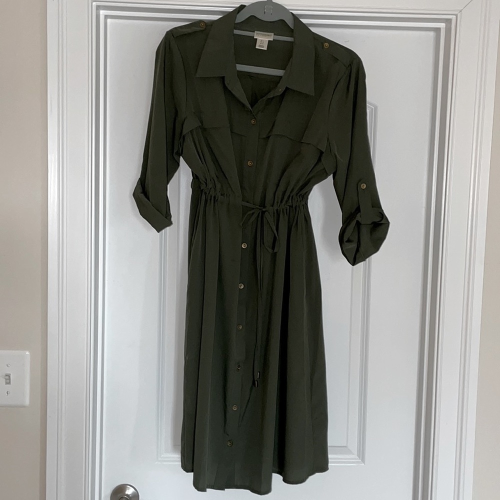 Motherhood Maternity olive green drawstring button front dress
